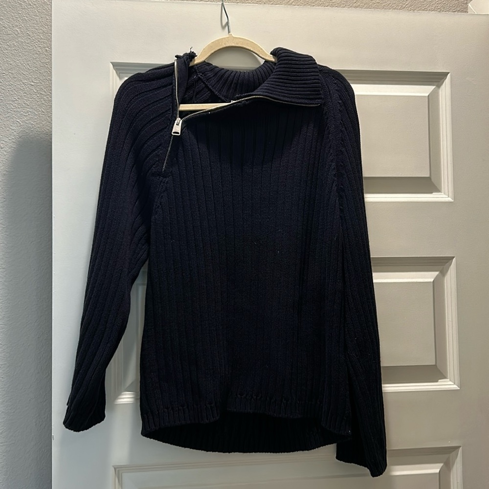 Zara Asymmetric Zip Collar Oversized Navy Sweater